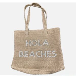 New Urban Expressions "Hola Beaches" Lg Woven Beach Tote Bag Pearl Lettering